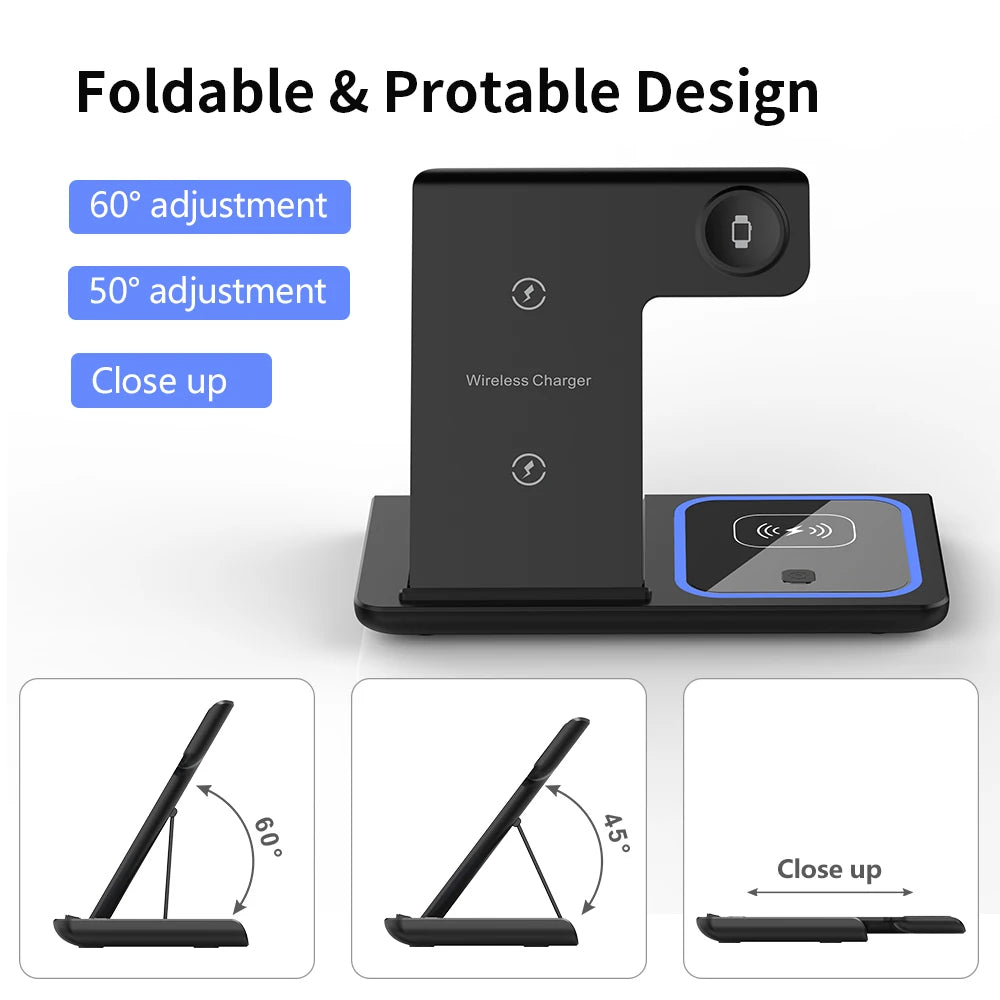 30W LED Fast Wireless Charger Stand 3 in 1 Foldable Charging Station For iPhone 15 14 13 12 11 Apple Watch 9 8 7 6 5 Airpods Pro