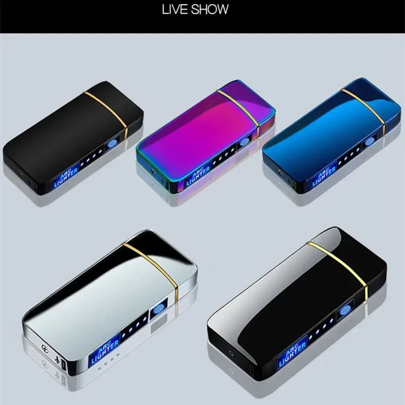 Electric Windproof Metal Lighter Double Arc Flameless Plasma Rechargeable USB Lighter LED Power Display Touch Sensor Lighters