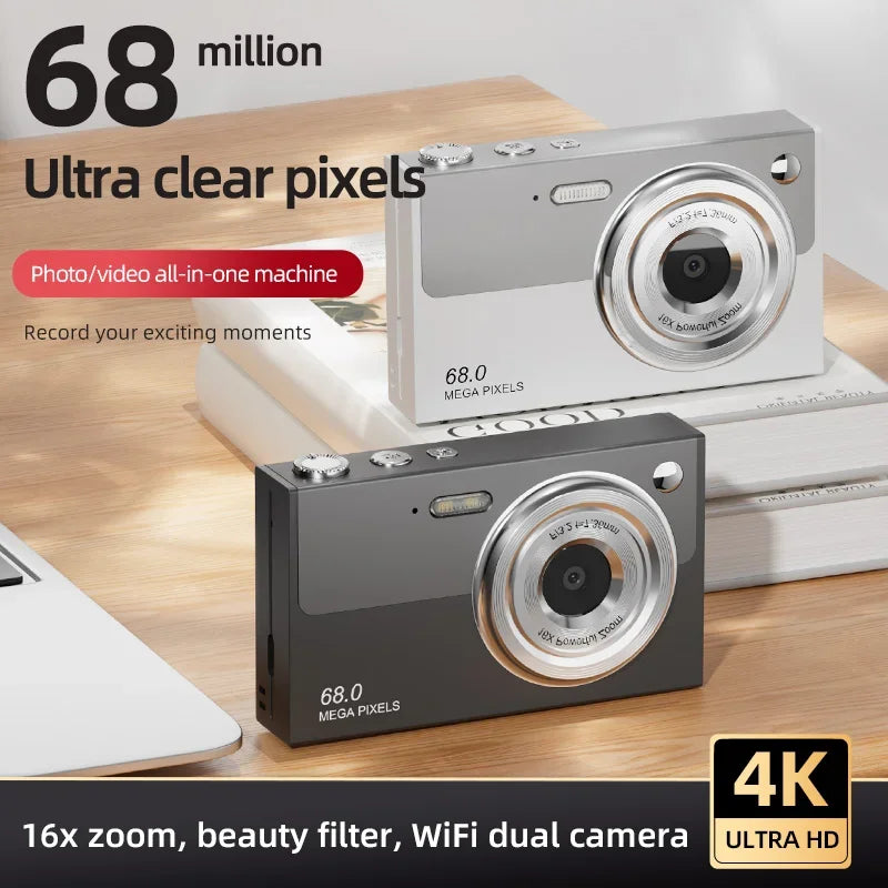 Digital Camera 4K Wi-Fi Compact Camcorder 68 MegaPixels 16x Zoom Dual Lens Travel Camera Selfie Cam 1080P Autofocus Photography